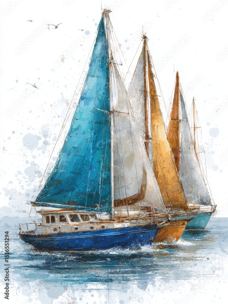Sailboats with vibrant blue, orange, and white sails glide through serene waters. Gentle waves reflect sunlight as seabirds soar overhead in a clear sky, creating a peaceful nautical scene.