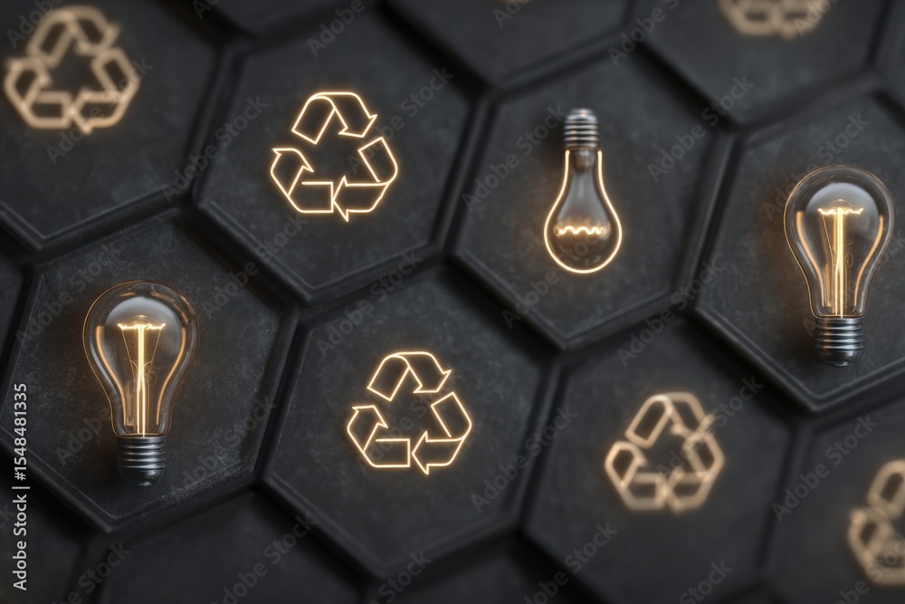 Several light bulbs and recycling symbols are arranged on a dark hexagonal background. The bulbs are illuminated, highlighting sustainable energy themes in a modern design.