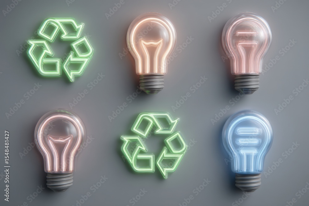 Six neon light bulbs in a variety of colors feature recycling symbols, highlighting sustainability and environmental awareness.