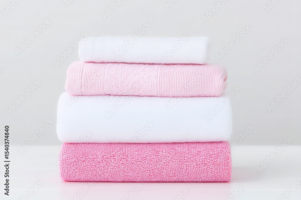 Soft towels in shades of pink and white are stacked neatly in order, creating a fresh and inviting atmosphere for a bathroom or spa setting. The arrangement showcases simplicity and cleanliness.
