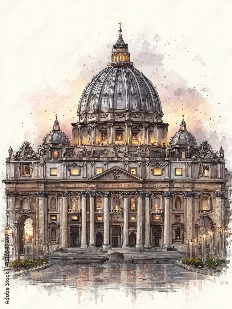 St. Peters Basilica stands grandly in Vatican City as the sun sets, illuminating its stunning architectural details. The dome glows softly, creating a calm and peaceful atmosphere in the evening.