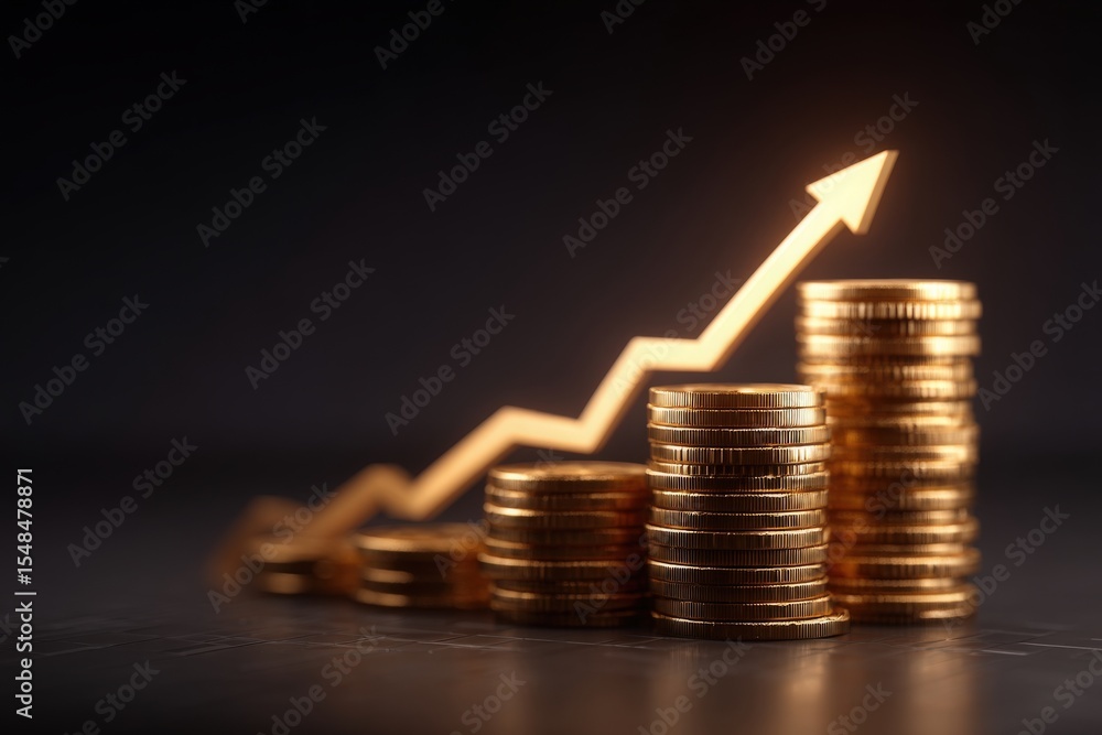 Stacked coins glow against a dark background with an ascending line chart, symbolizing positive growth in financial investments and market success, highlighting monetary gains and trends.