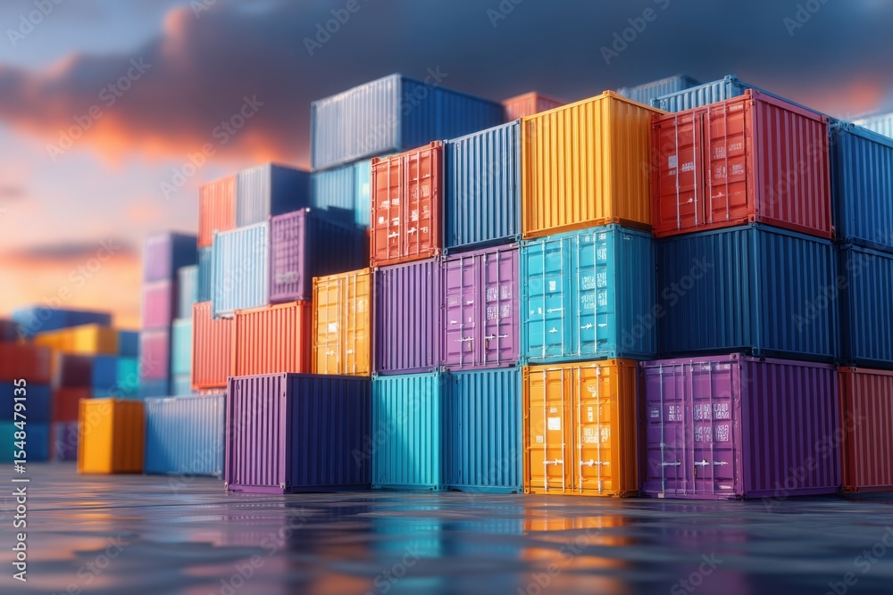 Stacks of brightly colored shipping containers fill the scene at a bustling port, reflecting the warm hues of an evening sunset. The atmosphere combines industrial activity with natural beauty.