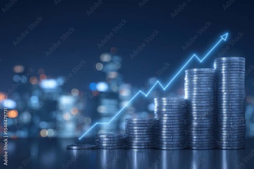 Stacks of coins increase in height, illustrating financial growth. A blue line graph rises sharply behind the coins, indicating positive trends in economic data at night.