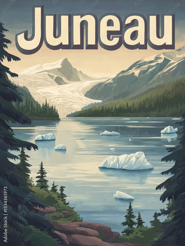 Stunning landscape featuring a calm waterway surrounded by majestic mountains and icebergs. The sun sets behind the peaks, illuminating the serene scene in hues of gold and blue.