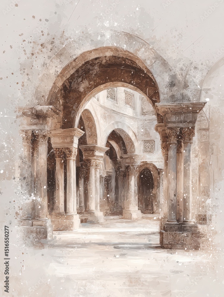 Sunlight filters through grand arches and ornate columns in a historically rich space. The intricate details showcase a blend of artistry and craftsmanship in this serene location.