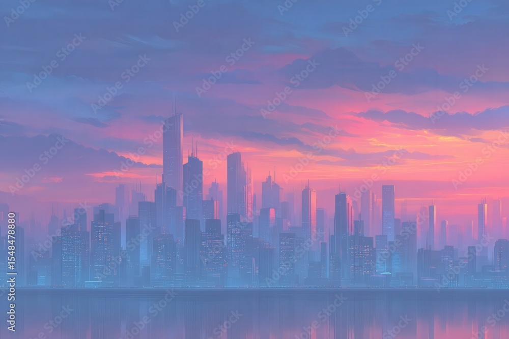 Tall buildings glimmer against a vibrant sunset sky filled with shades of pink and purple. The urban skyline is mirrored in calm waters, creating a captivating view of a modern city at dusk.