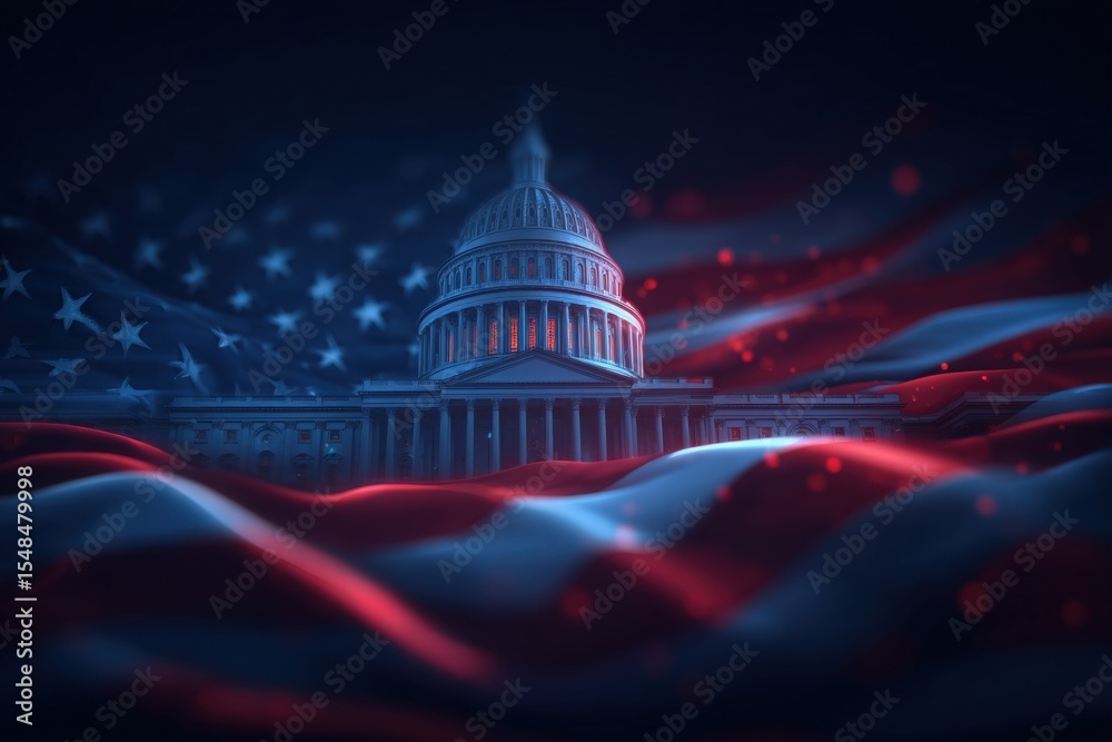 The Capitol building stands tall, partially obscured by flowing waves of the American flag, creating a solemn and powerful atmosphere at night. Red and blue hues enhance the dramatic effect.