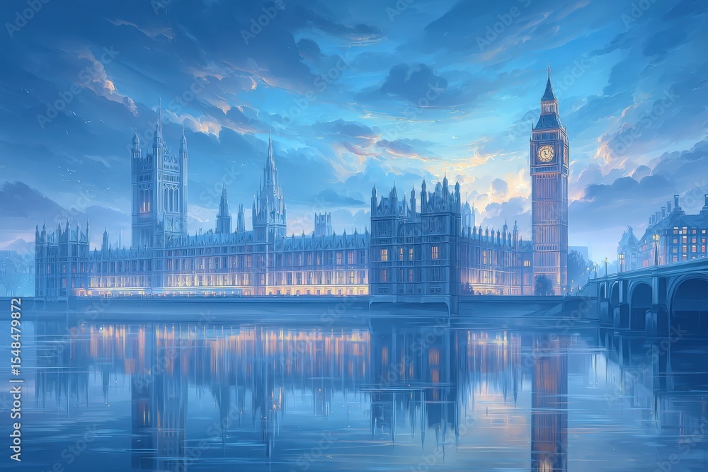 The Houses of Parliament and Big Ben glow softly at twilight, reflected on the River Thames. The skyline features intricate architecture against a serene blue sky, creating a tranquil atmosphere.