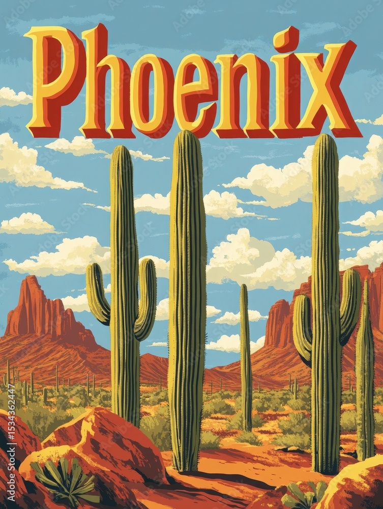 The artwork depicts a sunny desert landscape in Phoenix, showcasing tall cacti against a backdrop of red mountains and fluffy clouds. A serene scene captures the essence of the Southwest.