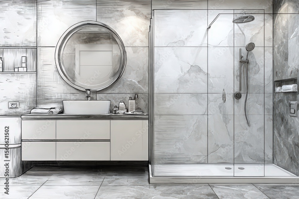 The bathroom showcases a stylish vanity with a round mirror, sleek shower enclosure, and chic marble tiles. The space combines function and beauty with sophisticated design elements.