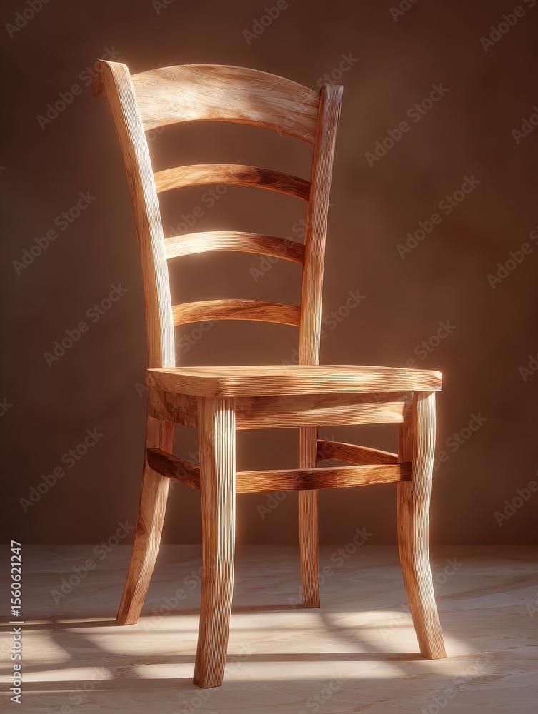 The chair stands alone, showcasing its refined wooden texture and graceful curves. Soft light enhances its natural design, creating an inviting and cozy ambiance.