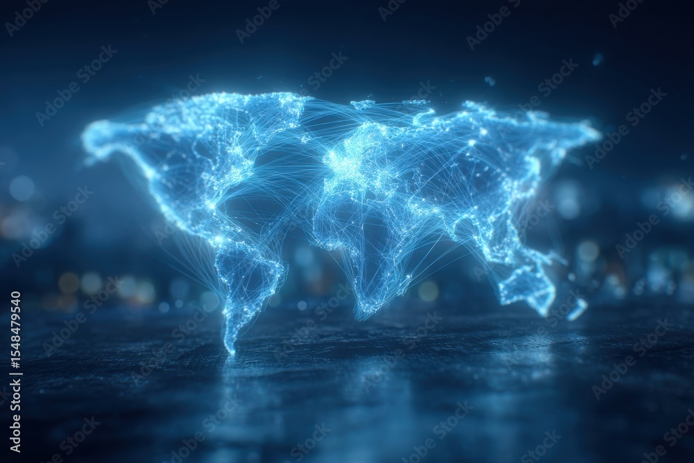 The digital map displays a glowing representation of the world, highlighting interconnected regions through vibrant lines.