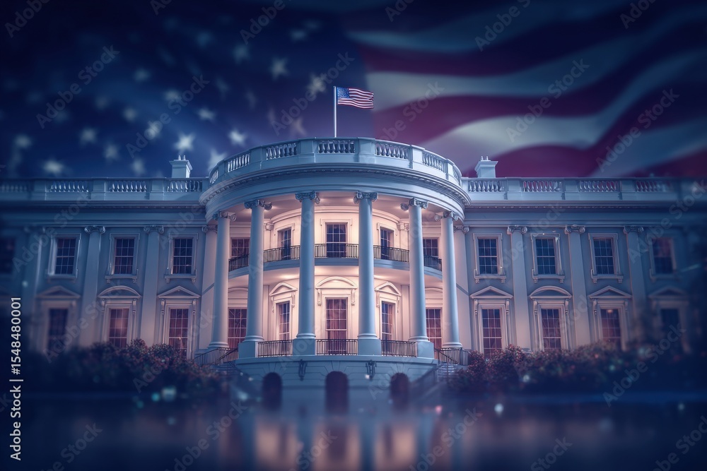 The iconic White House stands illuminated at night, showcasing its architectural beauty. An American flag gently billows in the breeze, symbolizing national pride and heritage.