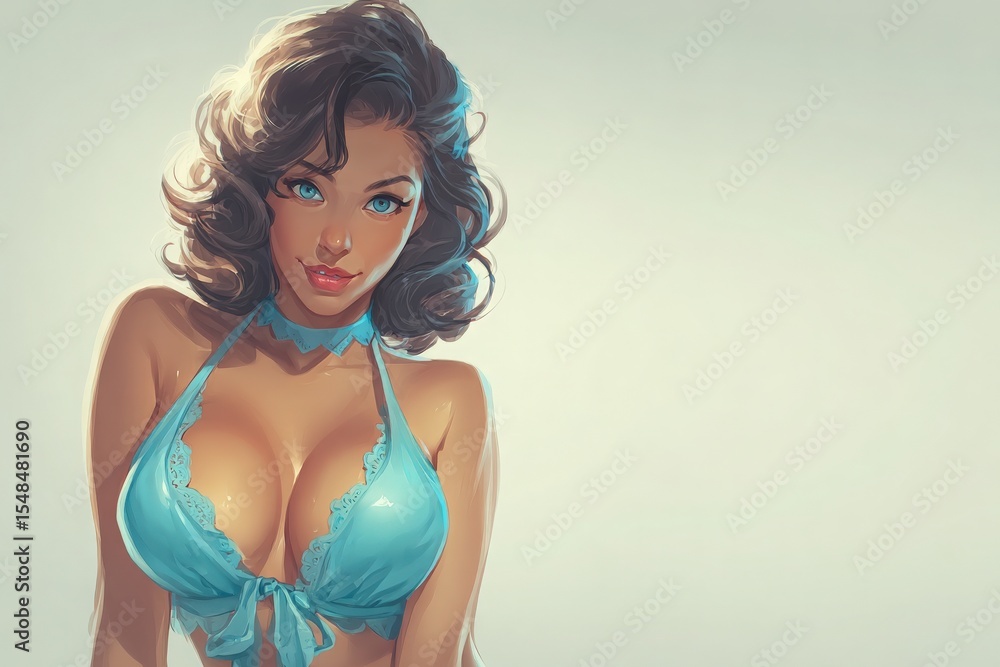 The image features a woman with dark, curly hair wearing a light blue bikini top. She has a playful smile and captivating blue eyes, set against a softly blurred background.