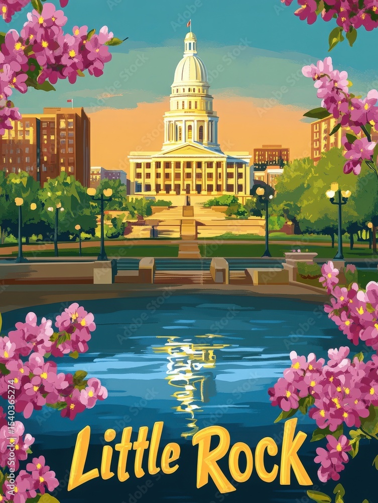 The skyline of Little Rock features the state capitol building against a colorful sunset. Pink flowers frame the view, adding vibrancy to the peaceful park setting by the water.