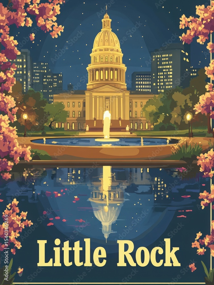 The view captures Little Rock at night, showcasing historical architecture bathed in warm lights. A central fountain ripples in a pond surrounded by blooming flowers and city lights.