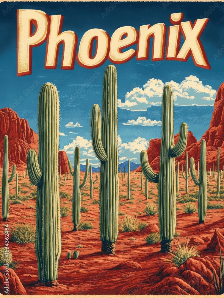 The warm, colorful desert landscape features tall cacti against a backdrop of red rock formations and a clear blue sky. This serene setting captures the essence of the Phoenix area.