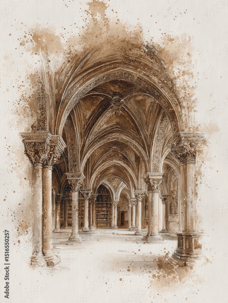 This artwork displays a magnificent library interior featuring tall arches and intricate columns. Soft earthy tones accent the historical elements, creating a serene atmosphere ideal for reading.