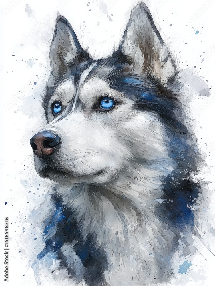 This artwork features a beautifully rendered husky with vibrant blue eyes. The huskys fur is a mix of black and gray, set against a splash of watercolor background, showcasing depth and artistry.