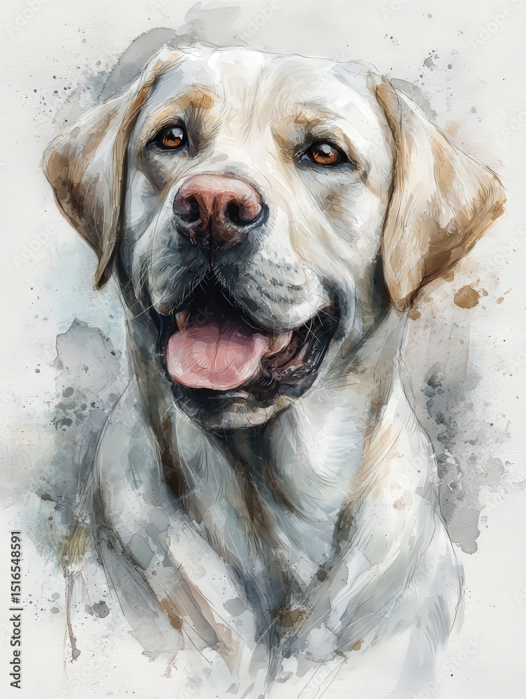 This artwork features a close-up of a Labrador Retriever with a happy expression. The soft watercolor strokes create a vibrant background that enhances the dogs personality and charm.