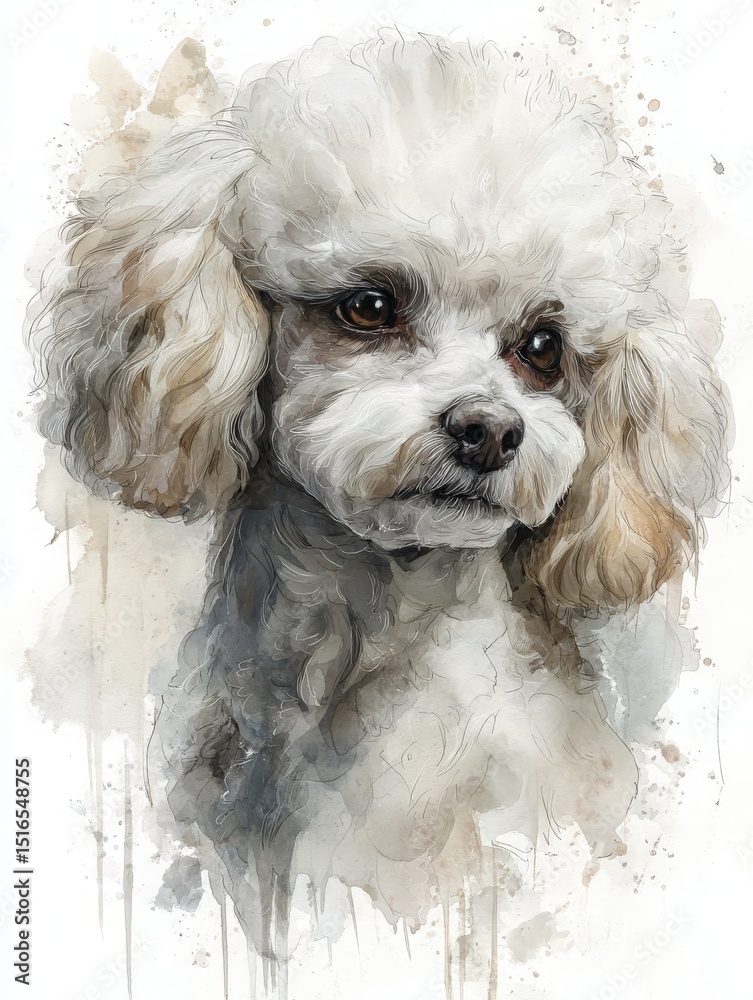This artwork features a fluffy poodle with expressive eyes and soft fur. The delicate watercolor technique highlights the dogs playful personality, blending light and shadow.