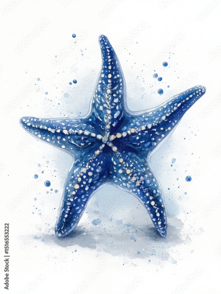 This artwork features a vibrant blue starfish, characterized by its unique speckled texture. Soft ocean hues surround the starfish, enhancing its marine ambiance. Ideal for beach-themed decor.
