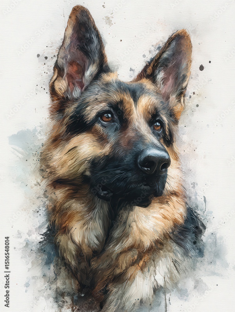This artwork presents a stunning depiction of a German Shepherd, highlighting its distinctive features and expressive gaze. The intricate details emphasize its majestic presence and character.