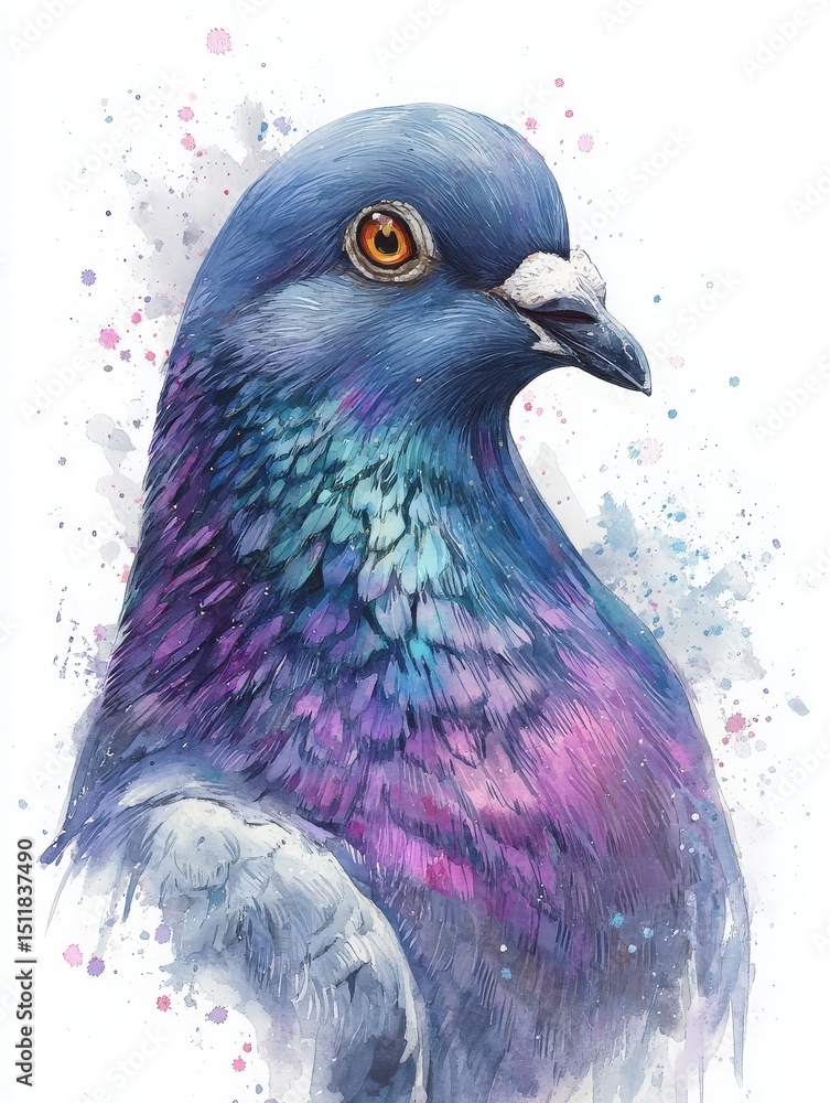 This artwork showcases a detailed depiction of a pigeon with striking shades of blue and purple.