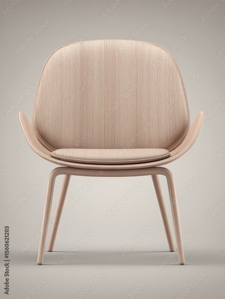 This chair features a sleek, curved design with light wood tones. Its minimalist aesthetic complements any contemporary decor. The soft lighting enhances its elegant contours and textures.