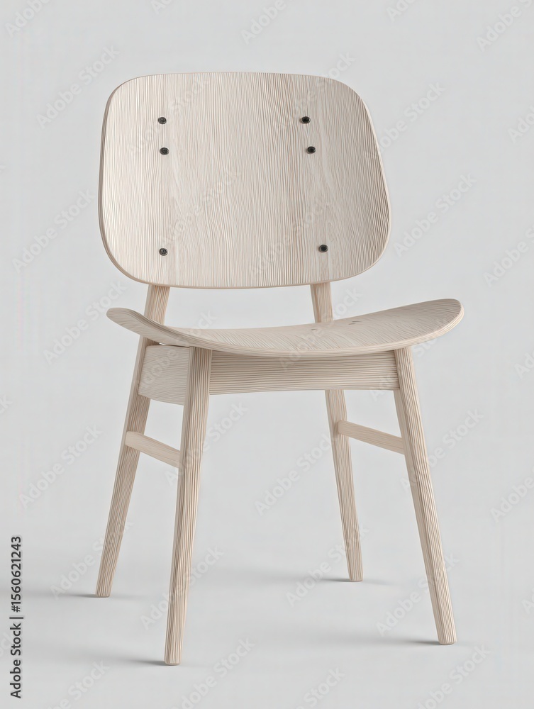 This chair features a sleek wooden design with a light finish and a curved seat. It stands on sturdy, tapered legs, showcasing simplicity in its elegant craftsmanship ideal for various spaces.