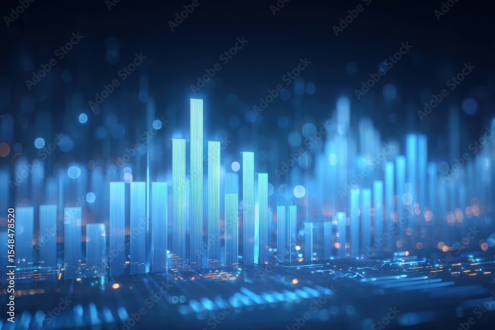 This composition displays a dynamic arrangement of blue vertical bars representing data trends against a backdrop of illuminated circuitry.