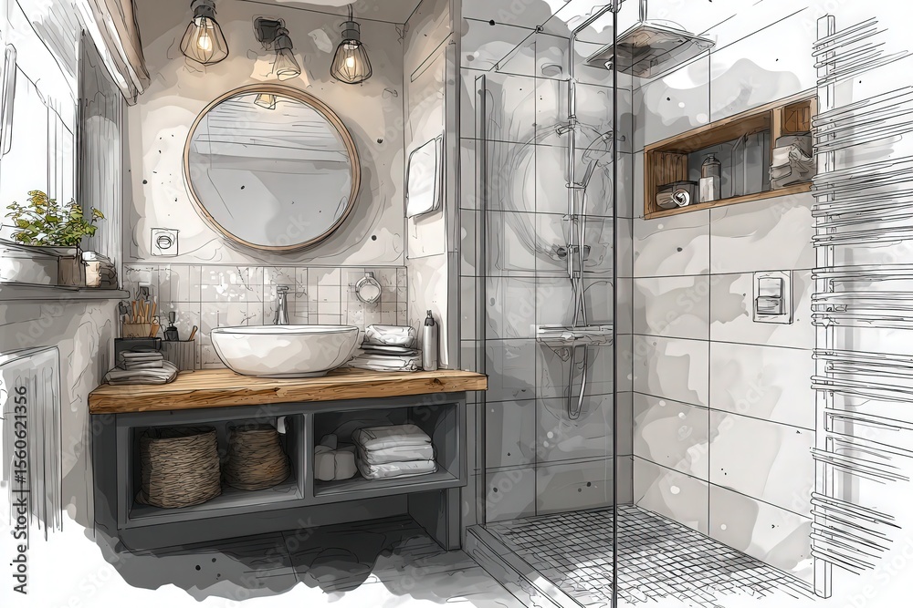 This contemporary bathroom showcases a spacious design with a round mirror, a stylish wooden vanity, and an elegant glass shower. Natural light enhances the clean, minimalist aesthetic.