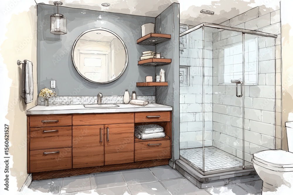 This contemporary bathroom showcases elegant wooden cabinetry, a sleek vanity with a round mirror, and a glass shower enclosure.