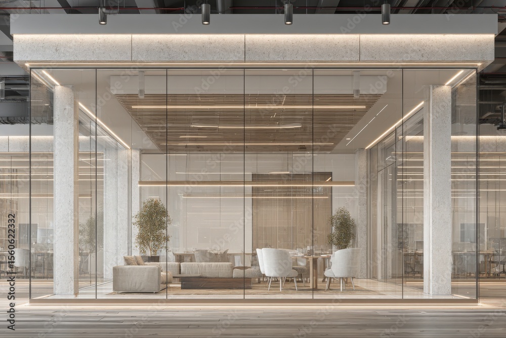This contemporary office features glass walls that provide a view of a stylish collaborative area. Soft lighting and elegant furniture create a welcoming atmosphere for teamwork.