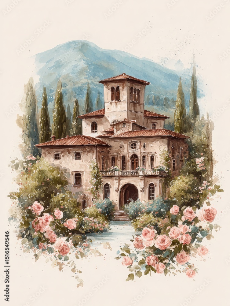 This enchanting villa features elegant architecture, surrounded by lush gardens filled with blooming roses. Majestic mountains rise in the background, creating a serene setting on a sunny day.