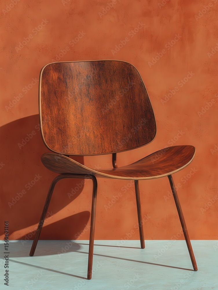 This modern wooden chair features a smooth, contoured design and is positioned against a vibrant textured orange wall. The lighting accentuates the chairs curves and warm tones.