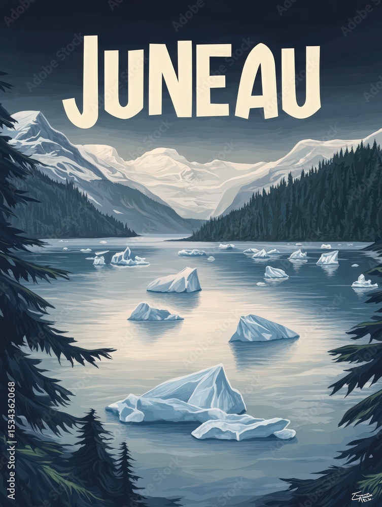 This picturesque landscape captures Juneaus glacial waters filled with icebergs, framed by towering mountains and dense evergreen forests during early morning light.