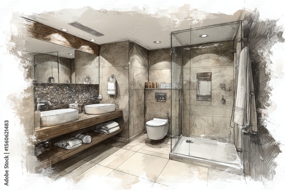 This spacious bathroom showcases a modern design with two sleek sinks, a glass shower, and stylish tilework. The warm wood accents and organized shelving create a luxurious atmosphere.