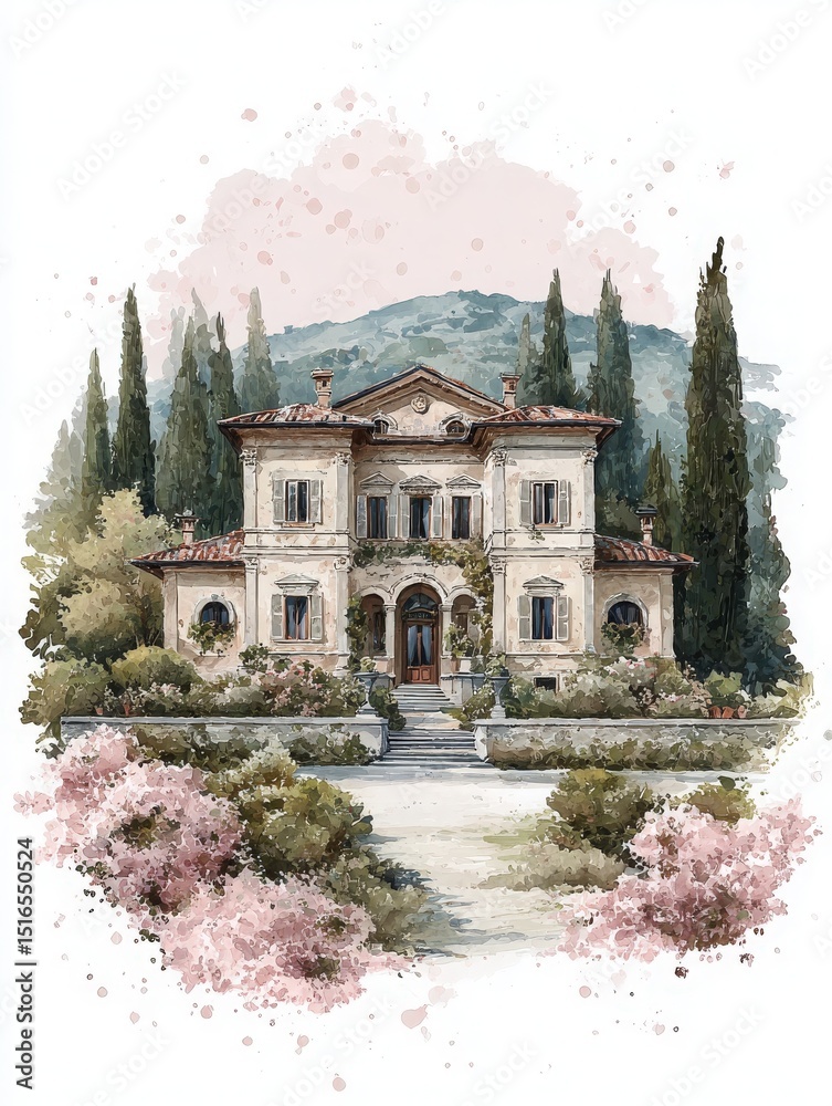 This striking villa boasts intricate architecture surrounded by blooming flowers and tall cypress trees. Located in a picturesque countryside, the scene reflects tranquility and beauty.