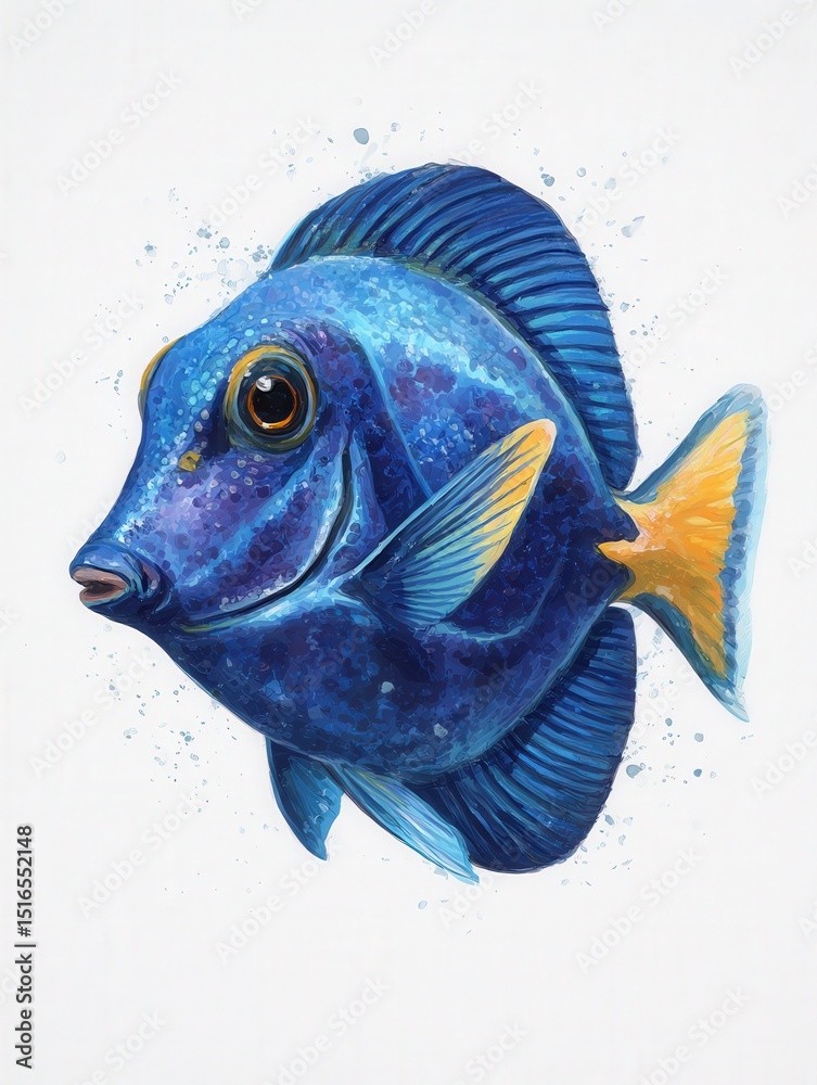 This vibrant blue fish with striking yellow fins swims in its underwater habitat, showcasing intricate details and colors. The image captures the beauty of marine life and its dynamic movements.