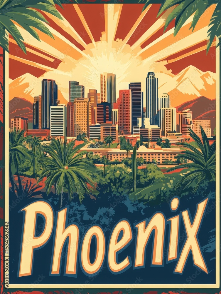 This vibrant illustration features the skyline of Phoenix, Arizona, surrounded by palm trees and mountains. The sunburst effect creates a warm, inviting atmosphere typical of the desert city.