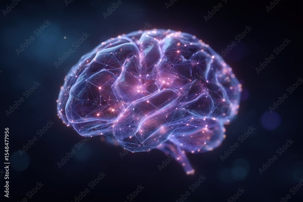 This visual displays a striking 3D model of a brain composed of interconnected nodes and fibers, glowing with vivid colors against a dark background, suggesting neural activity and complexity.