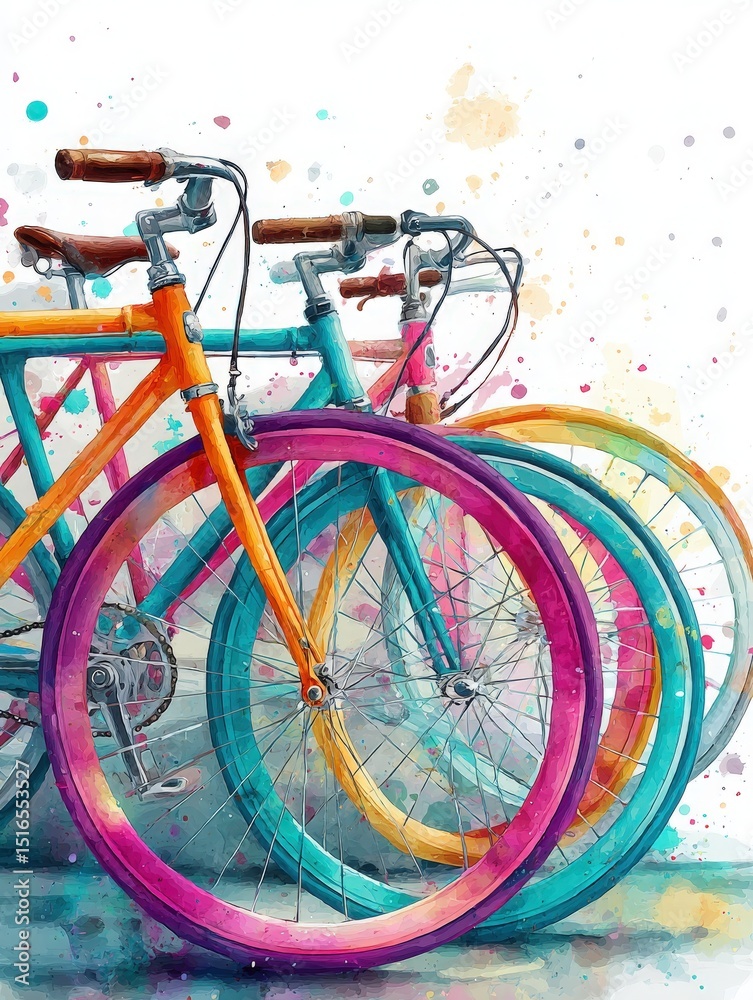 Three bicycles with bright orange, teal, and purple frames sit side by side, showcasing their distinctive colored wheels. The background features playful splashes of color, adding a joyful atmosphere.