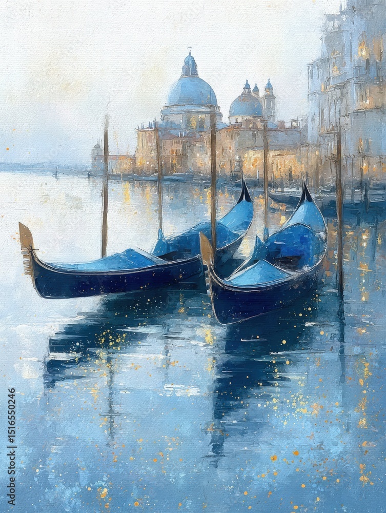 Three blue gondolas are anchored in calm waters reflecting the soft lighting of Venices architecture. This tranquil scene captures the essence of sunset in this iconic city.