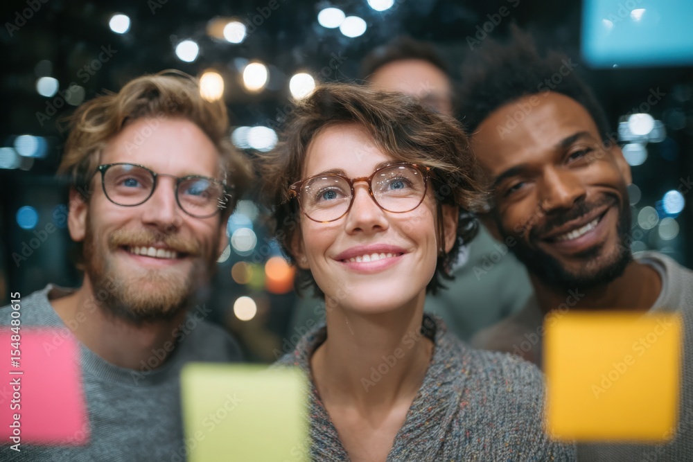 Three diverse individuals are smiling and looking at colorful sticky notes on a glass surface. They appear engaged in a collaborative work session in a contemporary office environment.