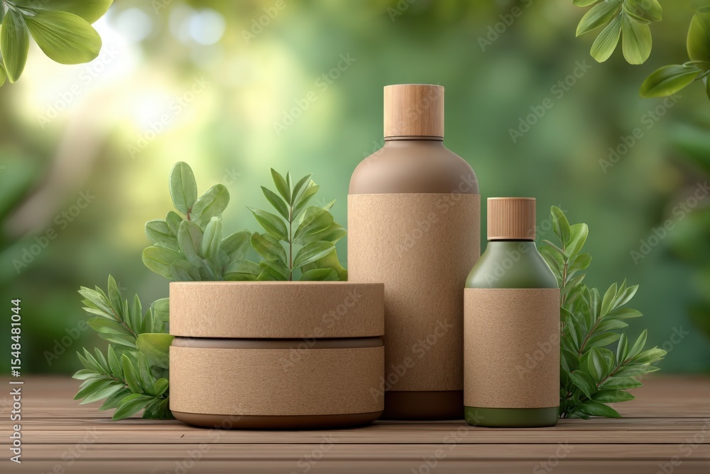 Three eco-friendly skincare containers in brown and green hues are arranged on a wooden table. They are surrounded by fresh green leaves, creating a serene and natural atmosphere.
