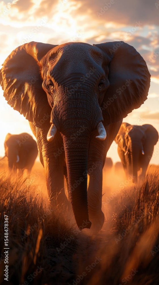 Three elephants gracefully move through tall grass at sunset, casting long shadows. The warm hues of the sky enhance the serene atmosphere of their natural habitat.