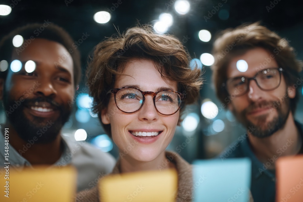Three friends engage in a brainstorming session, smiling and sharing ideas.