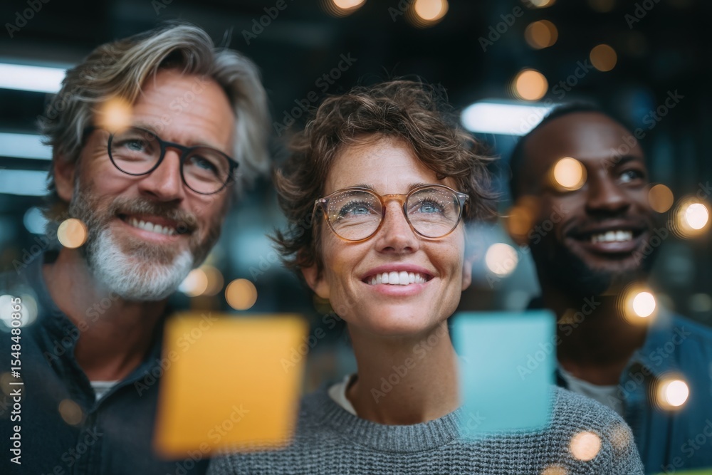 Three friends smile while looking through a glass window adorned with colorful sticky notes. They share ideas and engage in a thoughtful discussion, creating a vibrant atmosphere.